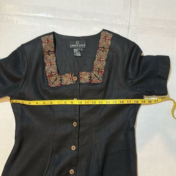 Vintage Carole Little Elegant linen Dress with Embroidered Neckline size 10P - Picture 8 of 8